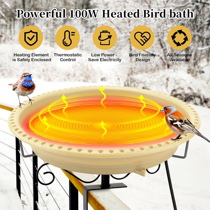 Lovppy Heated Bird Baths for Outdoors for Winter, 100W Heated Birdbath Water Heater with Thermostatically Controlled, Heated Bird Bath for Deck Railing Outside Garden Patio Yard (Khaki) - Image 3
